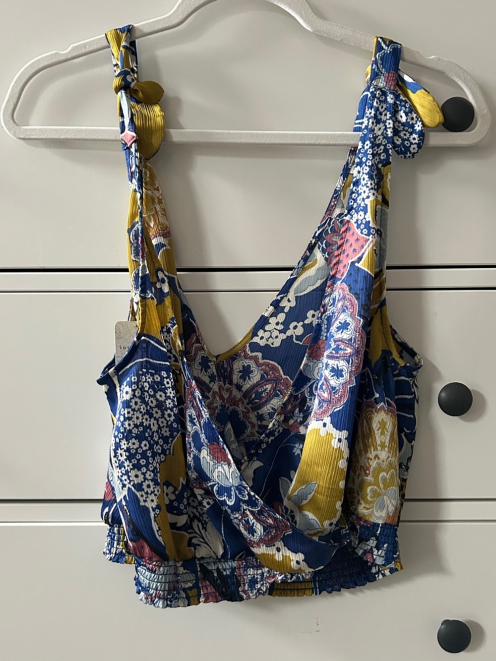 Free People Floral Tie-Shoulder Crop Top - Blue, Mustard & Pink